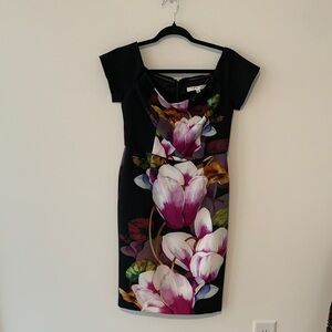 Trina Turk Black Dress with Floral Design Pencil dress cap sleeve nwot